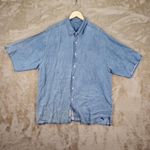 Tommy Bahama Denim Shirt 100% Linen Buttons Blue Short Sleeve Men's Sz XLT Tall - Picture 1 of 10